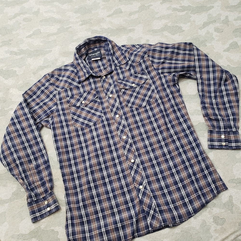 Wrangler Western Shirt Mens Small Blue Pockets Pearl Snap Long Sleeve - Picture 2 of 8